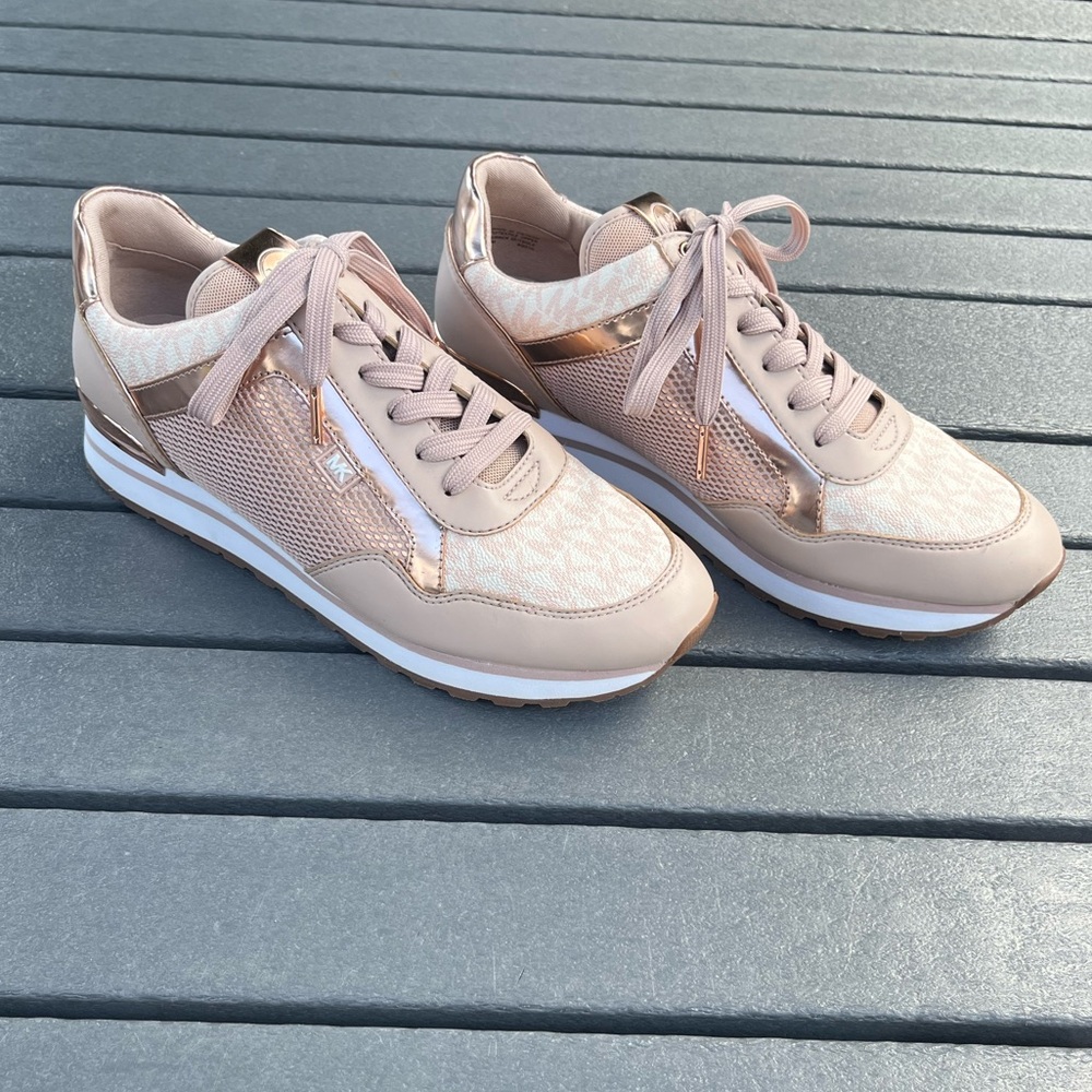 Michael Kors; Maddy Mixed-Media Trainer; Mint Con.; Rose Gold Leather; Size 10M